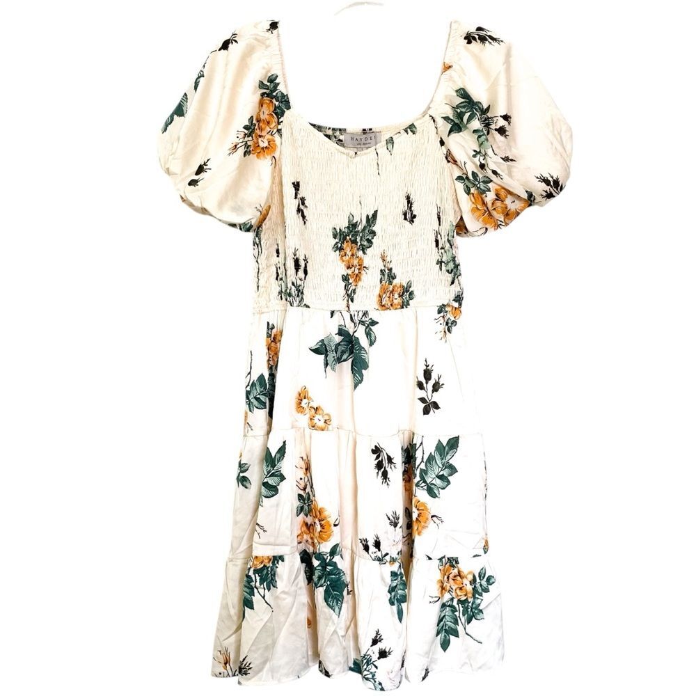 Hayden Los Angeles Cream Floral Puff Sleeve Tiered Mini Dress Pockets Size Small